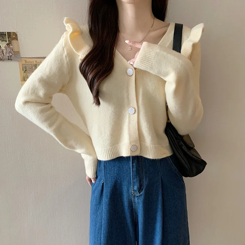 

Женский зимний свитер с V-образным вырезом, новинка 2021, корейский топ с оборками и длинным рукавом, короткий свитер, пальто