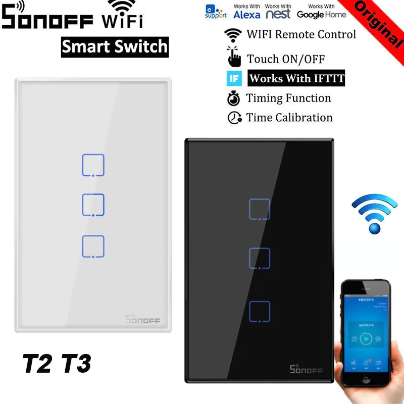 Настенный сенсорный выключатель Sonoff T1 T2 T3 дистанционное управление через Google Home