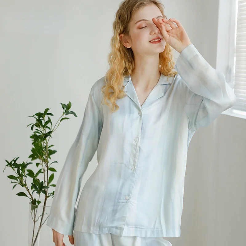 

Осенняя женская пижама Tencel, брюки с длинным рукавом, костюмы из двух предметов для спальни, домашний сервис, тонкая одежда для сна с принтом, ...