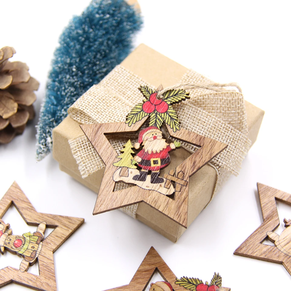 4PCS Star Printed Wooden Pendants Ornaments Xmas Tree Ornament DIY Wood Crafts Kids Gift for Home Christmas Party Decorations