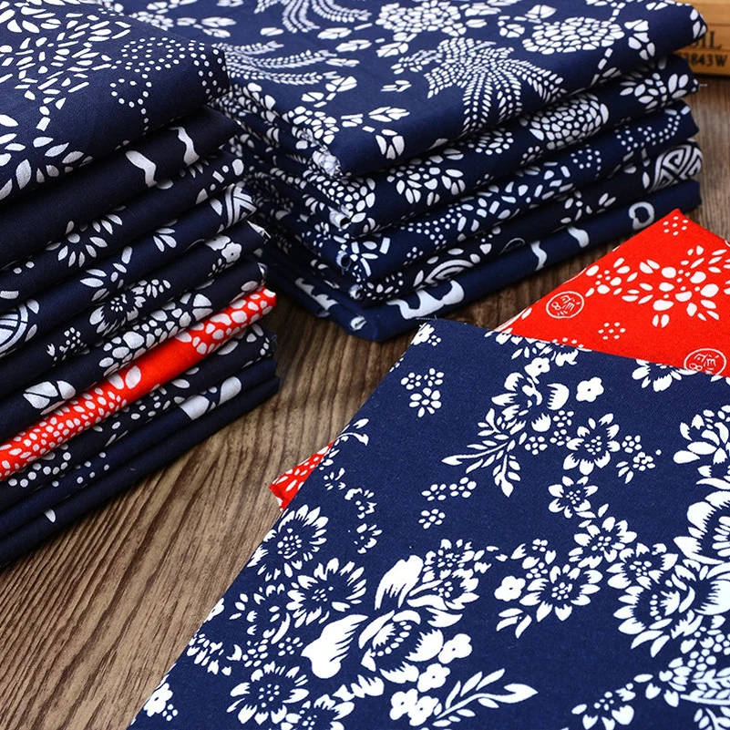 Синяя ткань из чистого хлопка ретро-ткань в этническом стиле Цветочная решетка с