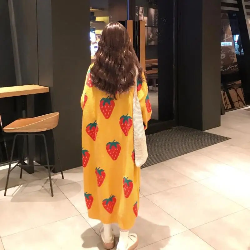 Kawaii розовый свитер длинный участок большого размера клубничный пуловер зима