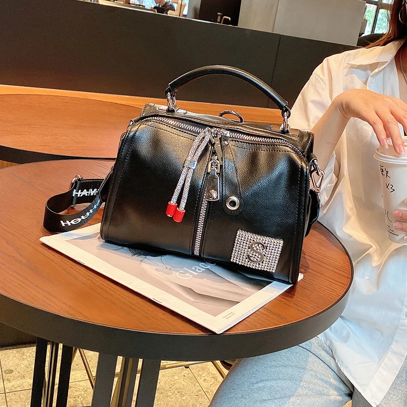 

Luxury Designer Bolso Mujer Split Leather Rhinestone Sacs A Main Boston Tote Ita Purses and Handbags Wide Strap Women Handbag