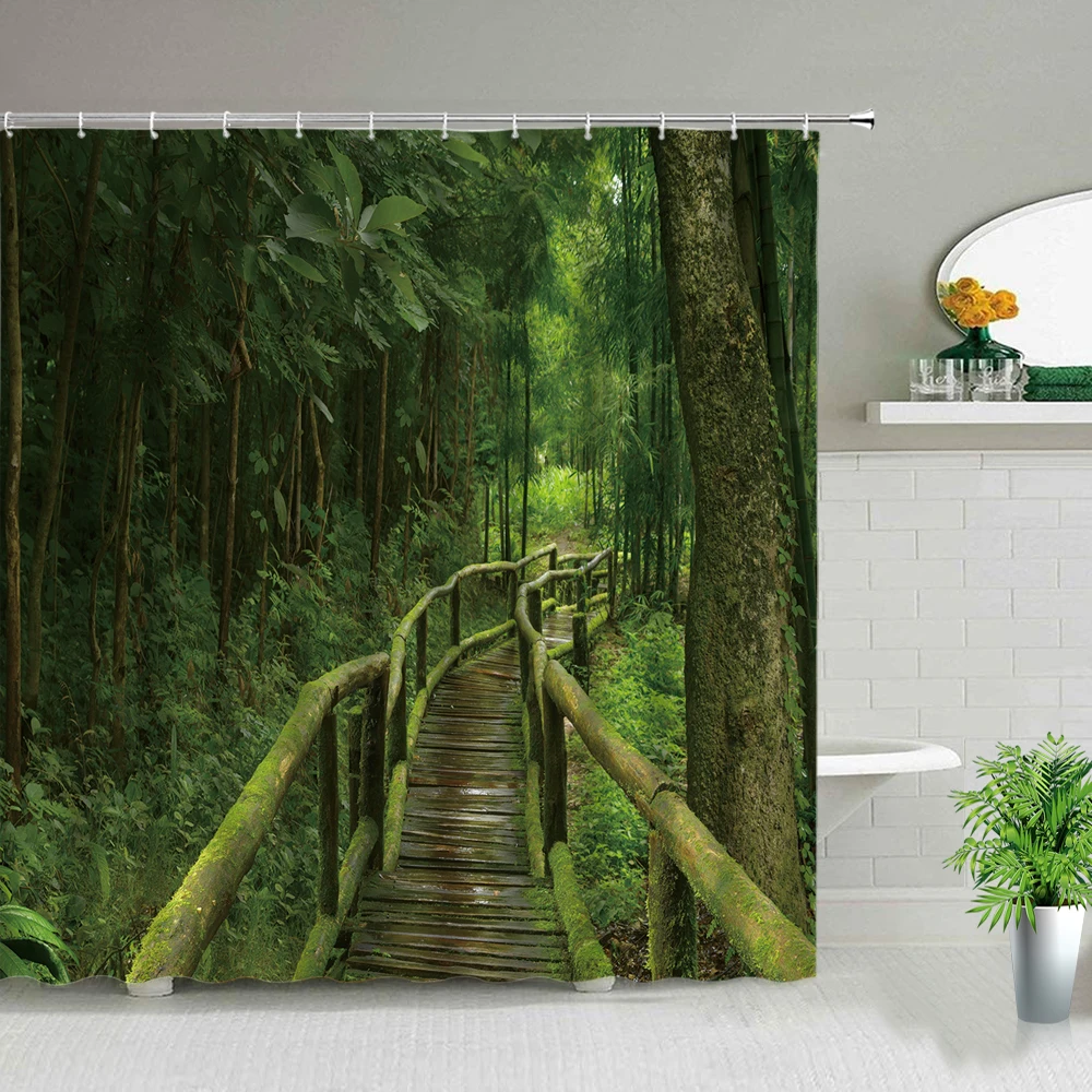 

Green Forest Wooden Bridge Shower Curtains Bathroom Curtain Ocean Nature Landscape Waterproof Fabric For Art Bathtub Decor