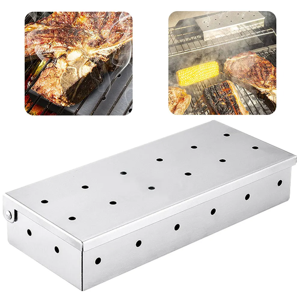 

Grill Smoker Box Gas Charcoal BBQ Non Warp Stainless Steel Smoke Box For Wood Chips Smoky Barbecue Flavor Grilled Meat Silver