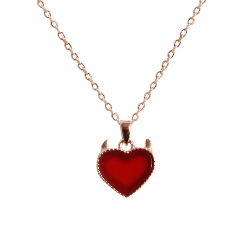 

Devil Heart Necklace Rose Gold Color Link Chain Onyx Gems Fashion Jewelry Women Necklace For Party