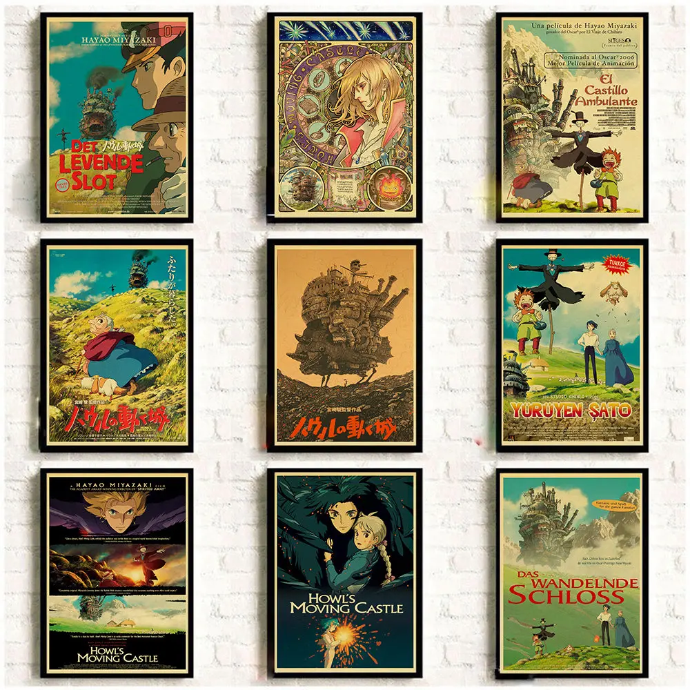 

Howl's Moving Castle Poster Miyazaki Hayao Classic Cartoon Movie Vintage Kraft Paper Poster Painting For Home Room