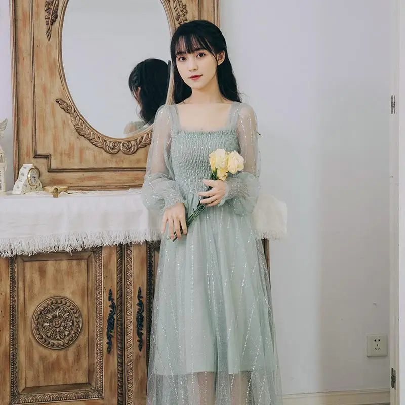 

2021 New Spring Autumn Women Dress Square Collar Mesh Elegant Casual Slim Waist Small Fairy Fresh and Lovely Women's Dress Y518