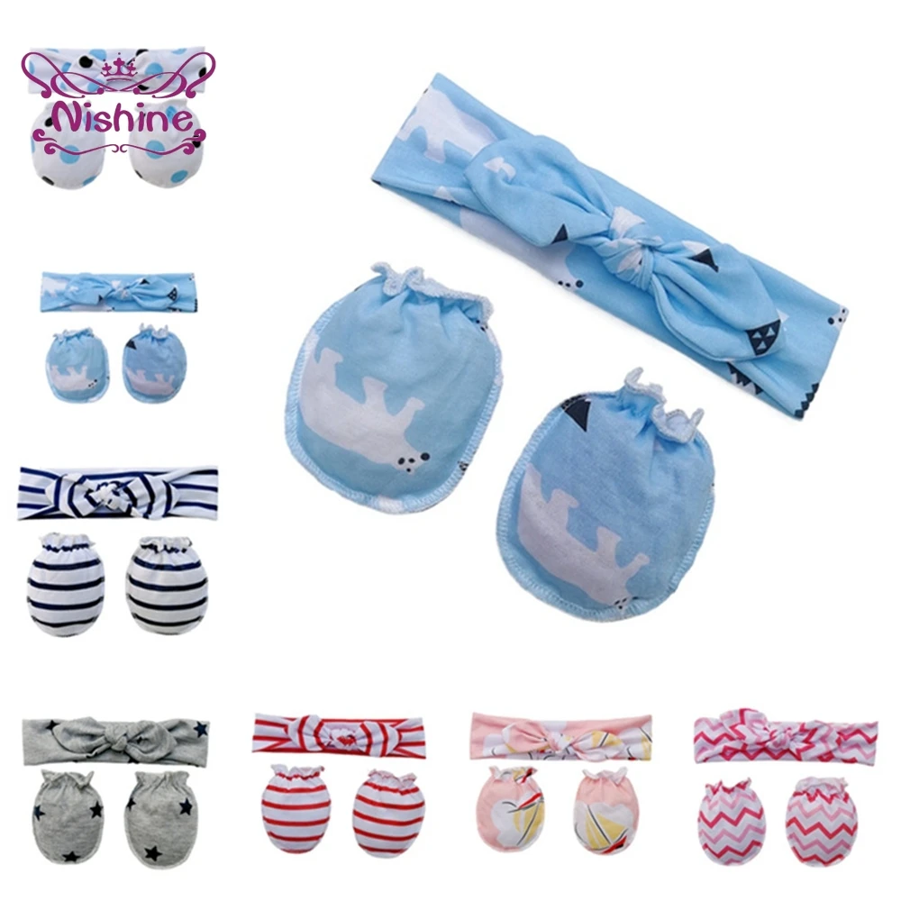 

Nishine Cute Cartoon Print Hairband and Glove Set Fashion Striped Bunny Ears Elastic Headband Baby Anti-Grab Face Protect Mitten