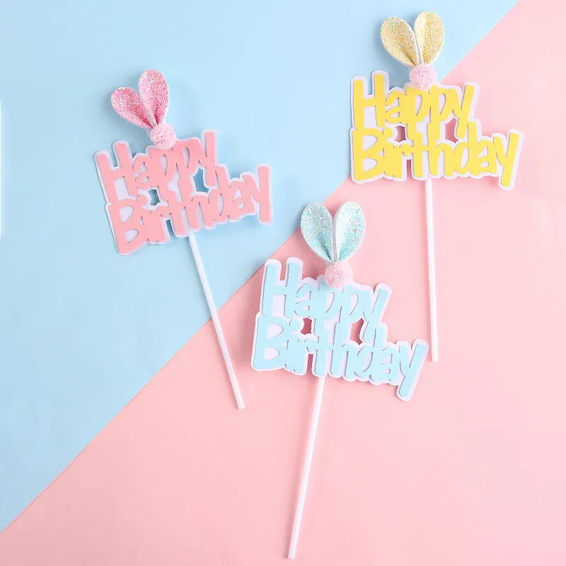 

Cake Topper Rabbit Bunny Ear Kids Happy Birthday Wedding Decoration Cupcake Decor Party Baking Supplies DIY Easter