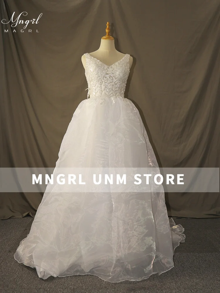 

MNGRL Ivory Simple Wedding Dress V-neck Sleeveless Lace Flower Bridal Dresses Backless Brush Train Robe de mariée