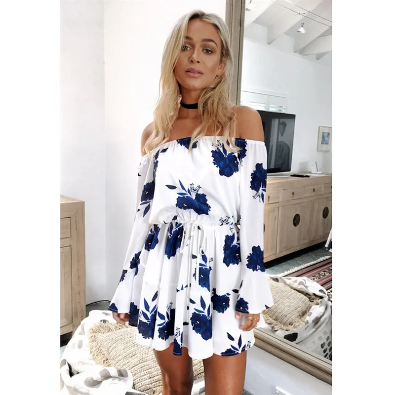 

Women Summer 2018 Beach Floral Boho Dress Loose Printing Sexy Off The Shoulder