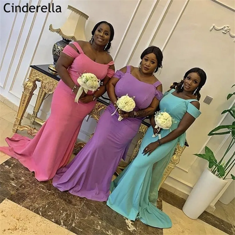 

African Style Colorful Scoop Off The Shoulder Sweep Train Satin Mermaid Bridesmaid Dresses Wedding Party Bridesmaid Dresses