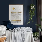 Скандинавский декор, холст, живопись, абстрактный Горный пейзаж, Постер, принт, золото, солнце, птицы, Настенная картина, декор для спальни