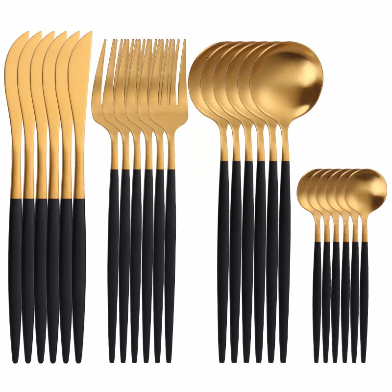 Black Gold Cutlery Set Stainless Steel Tableware Matte 24Pcs Gold Dinnerware Set Forks Spoons Knive Dinner Set Complete Flatware