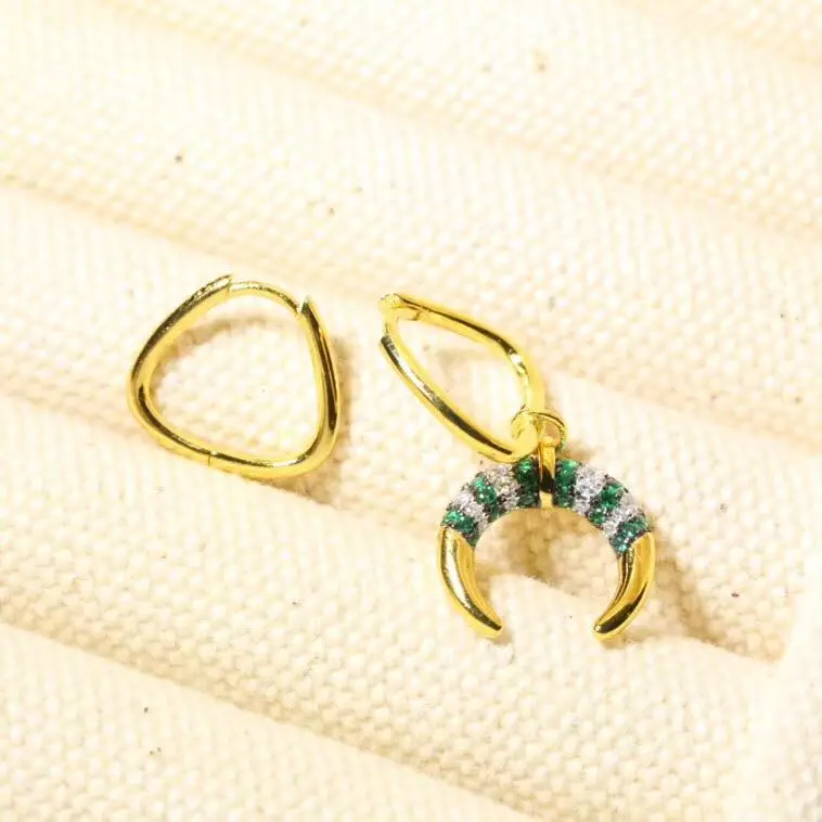 New 925 Sterling Silver Yellow Gold Color Asymmetric Green and White Zircon Stripes Tribal Crescent Moon AB Earrings for Women | Украшения