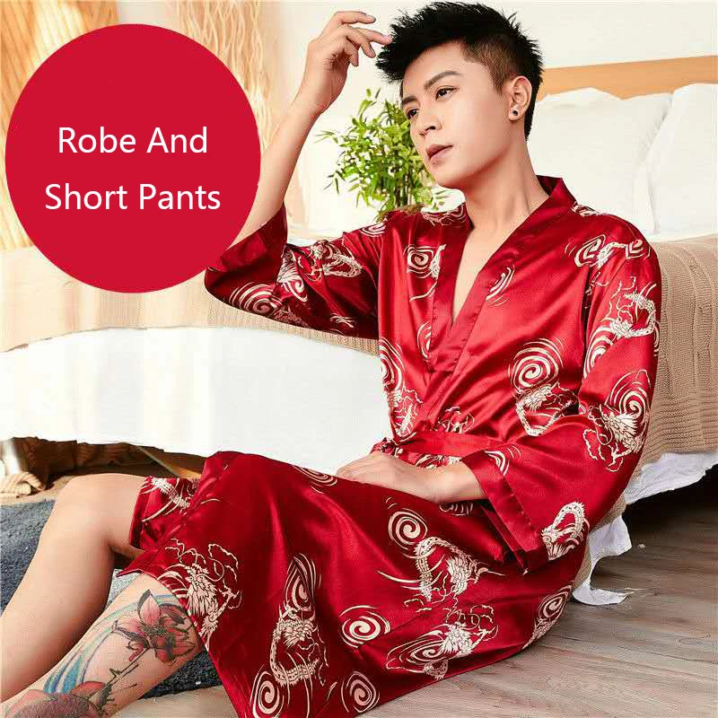 Высокое качество Для мужчин халат атласное платье с принтом для Пижама драконом