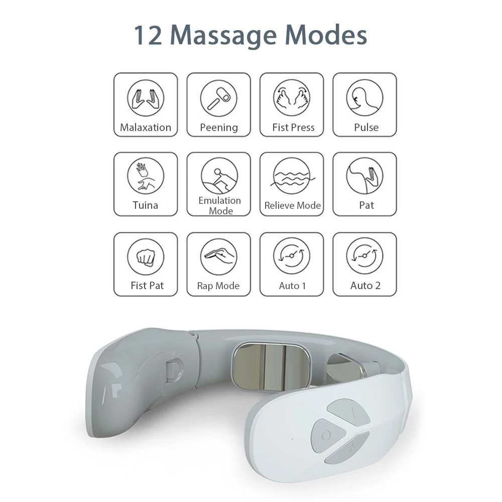 Переносной массажер шеи для расслабления и снятия боли 12 режимов массажа 15 уровней интенсивности Встроенный аккумулятор.