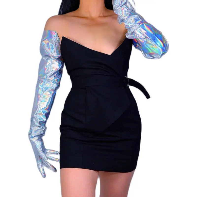 

Faux Shine Patent Leather 35" 90cm Hologram Silver Shine Holo Women Leather Gloves WPU237