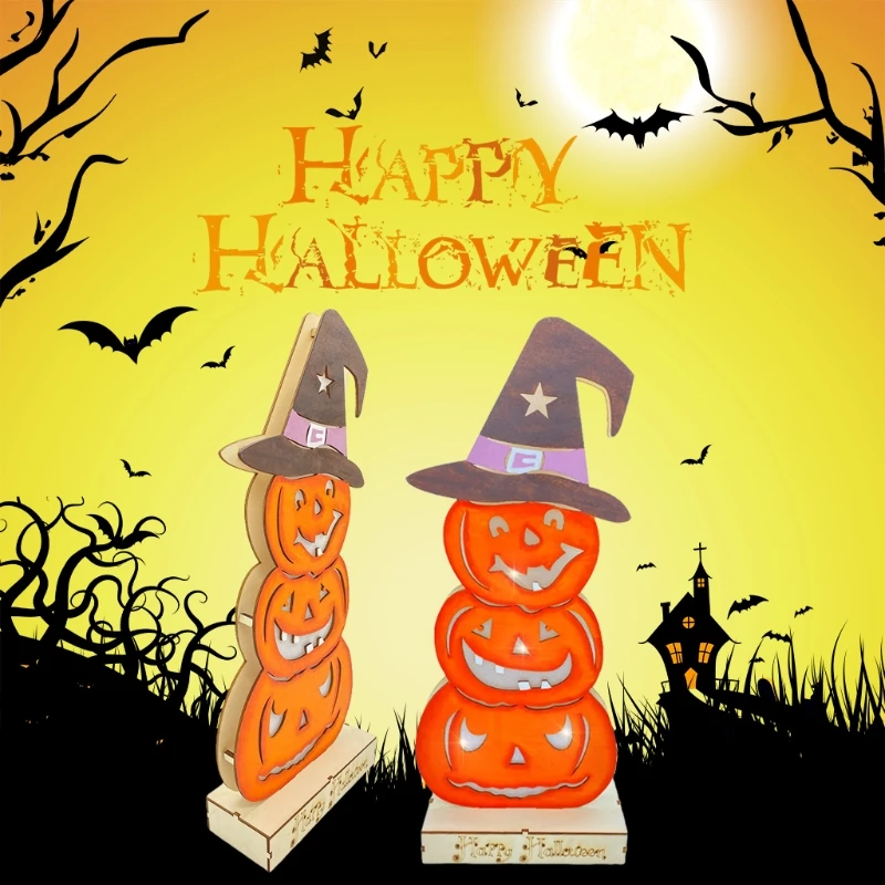 

H051 Happy Halloween Table Decorations Wooden Pumpkin Table Sign with LED Light Decor
