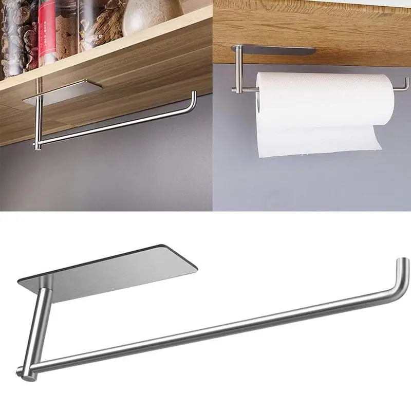 

1Pc 304 Steel Paper Towel Holder Under Cabinet Rack Kitchen Paper Bathroom Towel Adhesive Self Rack Q4N8