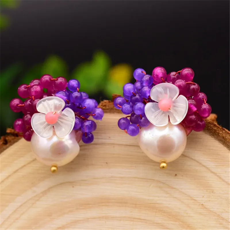 

Natural Freshwater Pearl Shell Flower Stud Earrig For Women Ear Pin Red Blue Purple Stone Fashion Jewelry Wedding Party Handmade