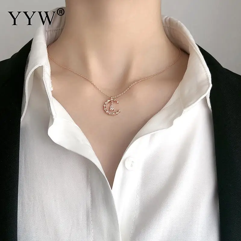 

Star And Moon Zircon Pendant Necklace Fashion Temperament Clavicle Chain For Female Daily Wear Or Match Length Approx 16.14inch
