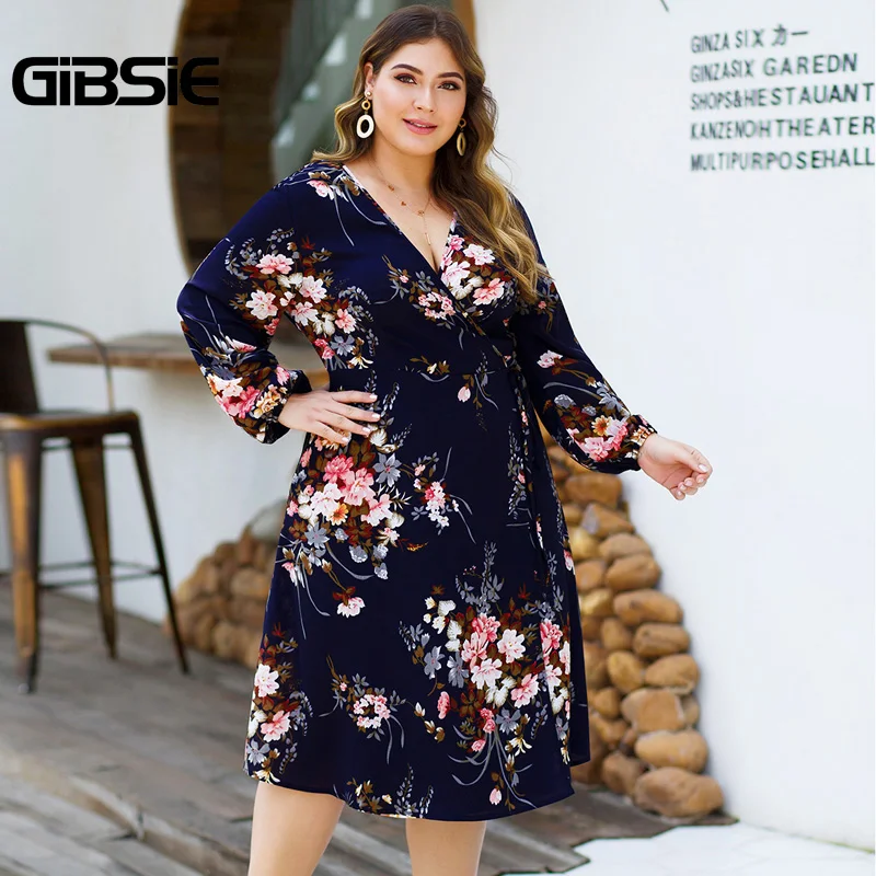 GIBSIE плюс размер цветочный принт с высокой талией платья для женщин v-образным