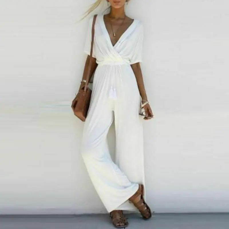 

Women V Neck Loose Playsuit Short Sleeve Jumpsuit Romper Long Trousers Plus Size