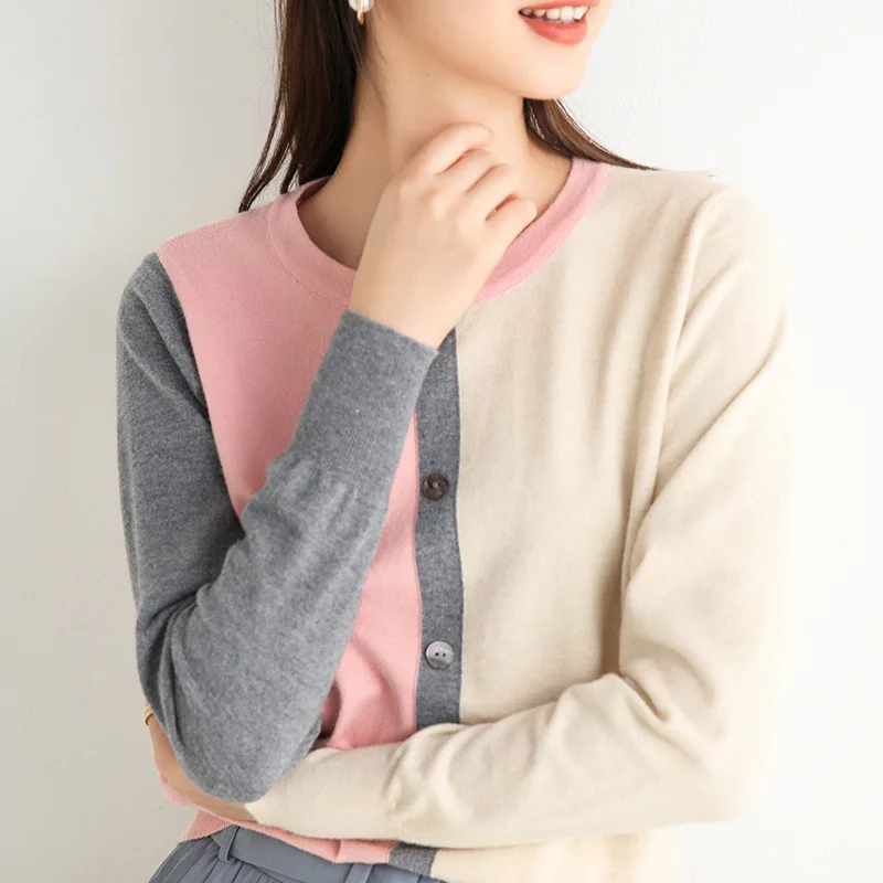 

Cashmere Autumn New Color Matching Sweater Women round Neck Bottoming Shirt Fashion Slim Shirt Contrast Color Sweater Women