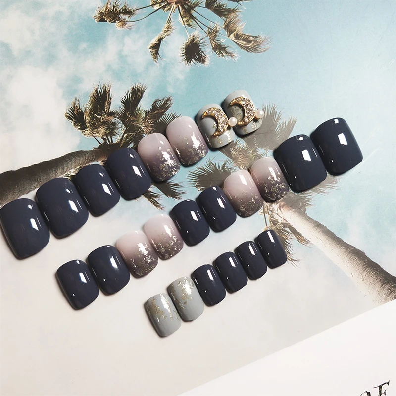24pcs / Set Fake Nail Haze Blue Pearl Moon Short Wear Finished Full Cover Artificial Wearable Nails With Glue | Красота и здоровье