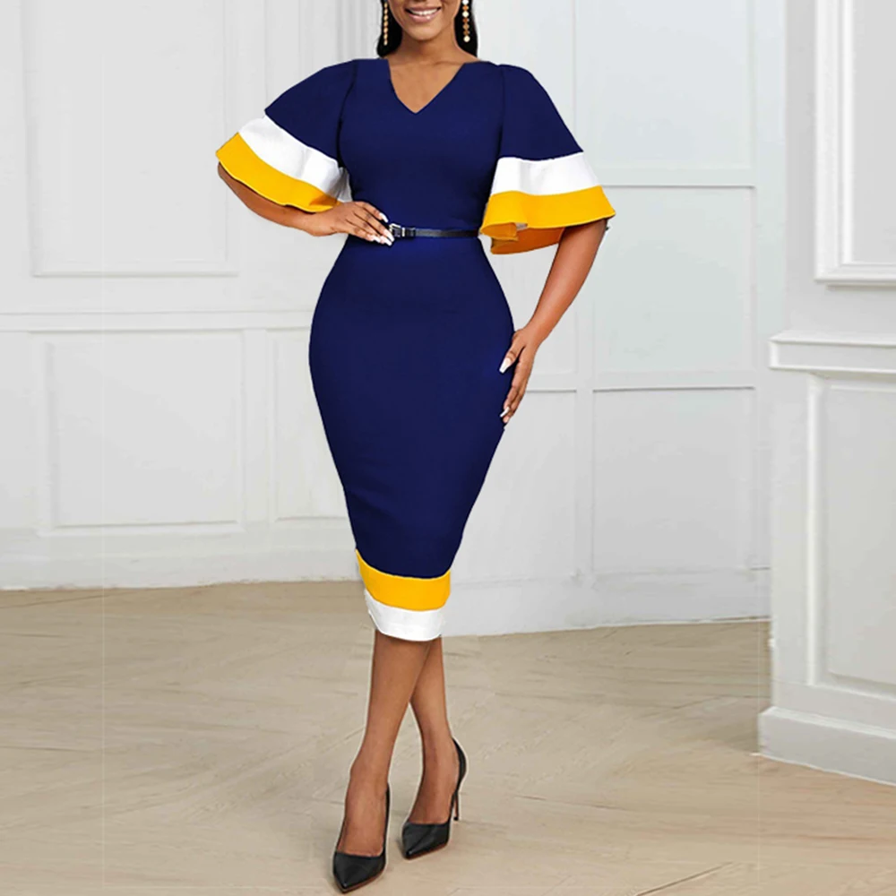 

MISSJOY Stripe Sexy Slim Party Bodycon Midi Dress Women Ruffle Sleeve Summer Color Block Belt Dresses Vestido Azul Royal Oficina