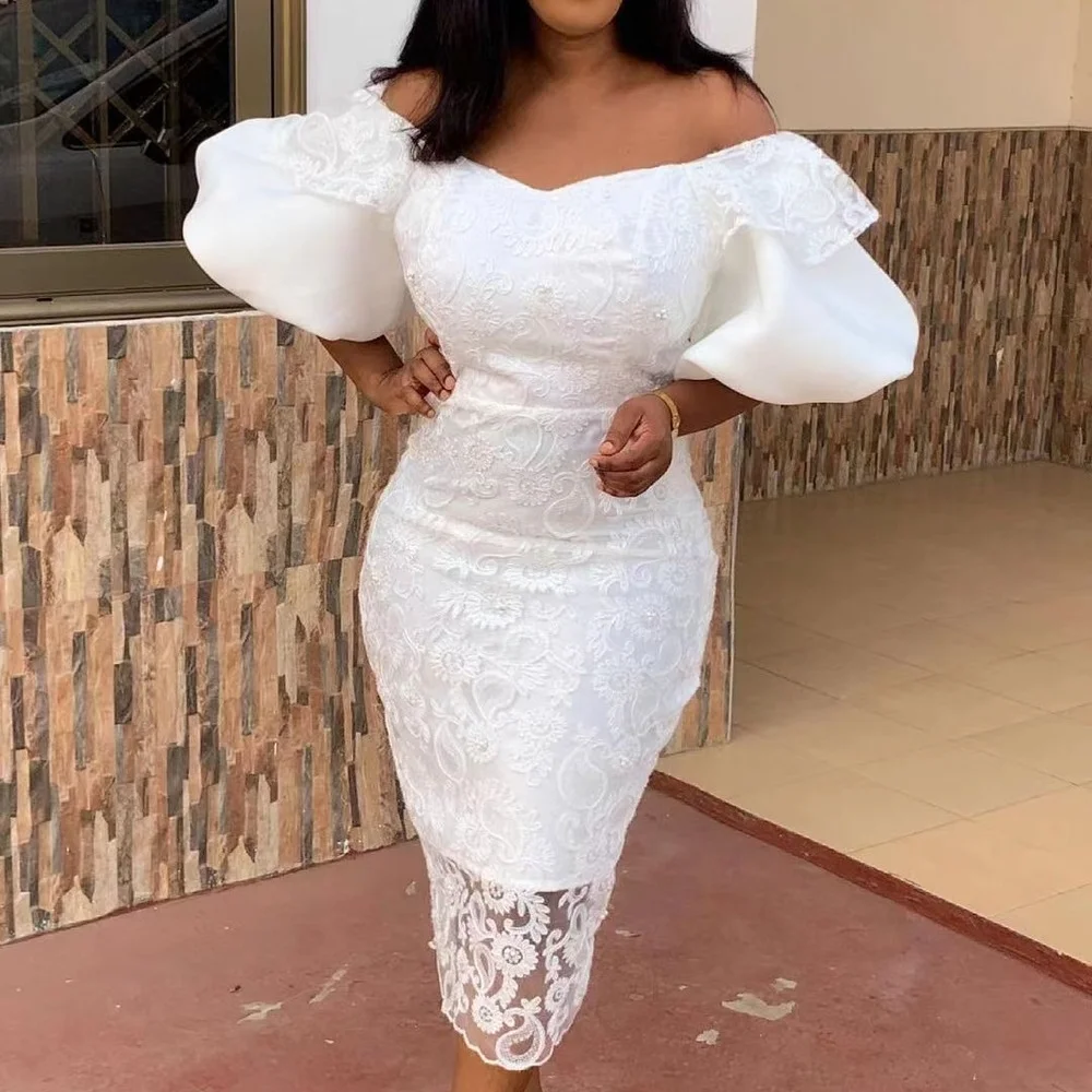 

Women White Lace Dresses Bare Shoulder Puffy Sleeve Floral Dress Elegant Party Brides Birthday Party Wedding Christmas Clothes