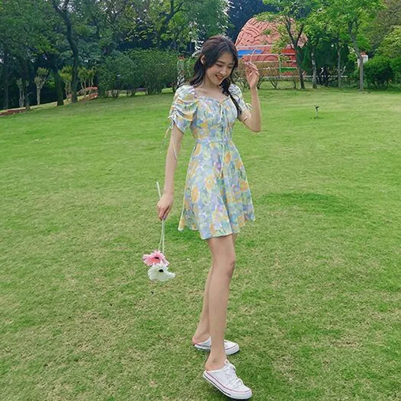 

Puff Sleeve Floral Vintage Dress Women French High Waist Designer Beach Dress Female 2021 Women's Summer Sundresses Casual Party