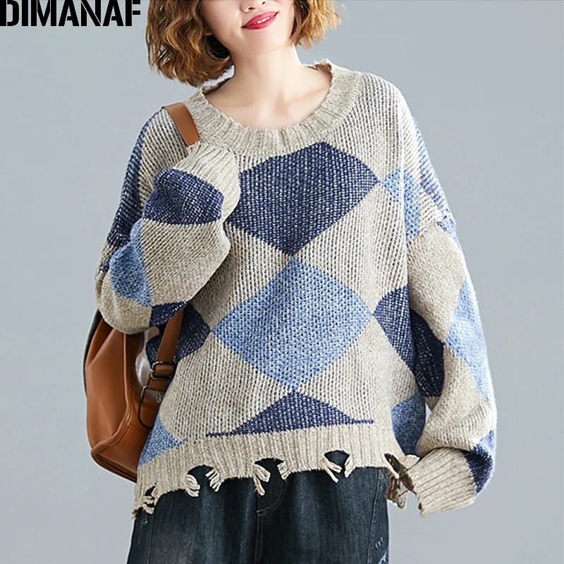 Женский трикотажный свитер DIMANAF Повседневный пуловер лоскутного покроя в клетку