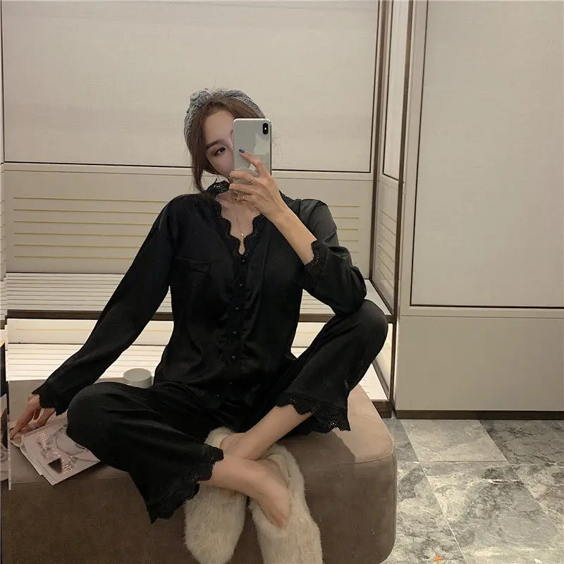 Spring Autumn New Women's Sexy Pajamas Sets Lace Ice Long Sleeve 2Pcs Suit Nightwear Sweet Princess Home Wear Sleepwear