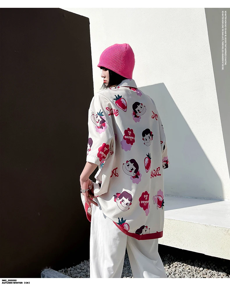 

Harajuku Anime Strawberry Printing Woman Shirt Short Sleeve Loose Casual Personality Streetwear Tops Japanese 2021 Summer New