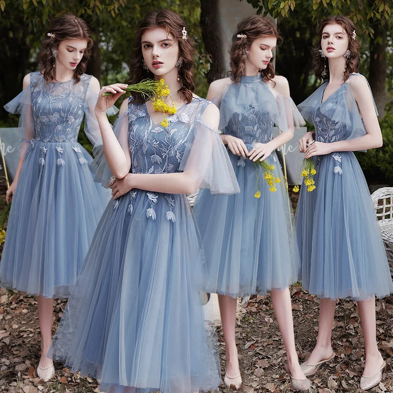 

Bridesmaids Dresses Illusion Embroidery Spaghetti Straps V-Neck A-Line Tulle Vintage Knee-Length Women Wedding Party Gown E123