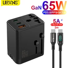 URVNS GaN 65W Universal Travel Power Adapter with 2 USB-C Port and QC3.0 Wall Charger AC Power Plug Socket for UK, EU, AU, US