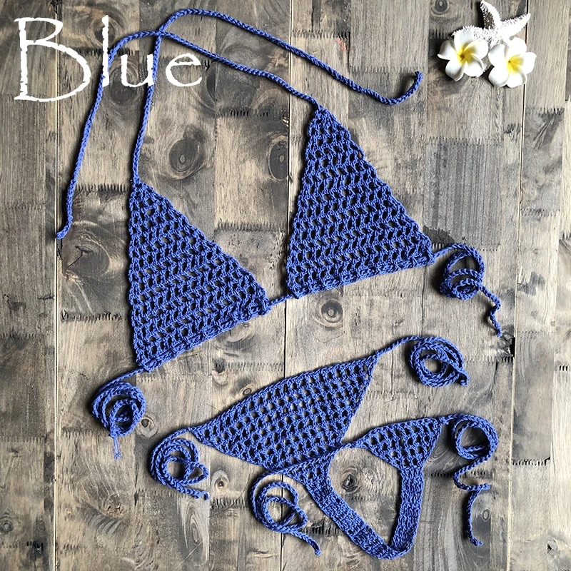 Blue Новинка, ручная работа, вязанное крючком микро бикини, стринги, пляжные микро купальники, сексуальное нижнее белье, наборы, горячая распродажа - Цвет: Blue