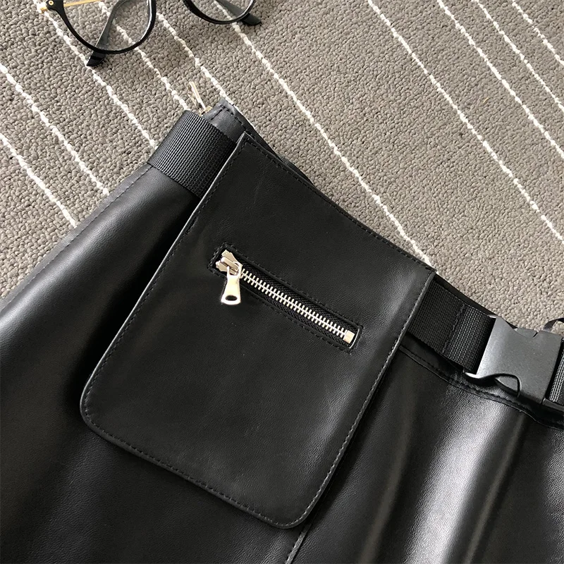 Дешево Женская короткая юбка из овчины, трапециевидная юбка с высокой талией и ремнем, кожаная юбка цвета хаки, 2020