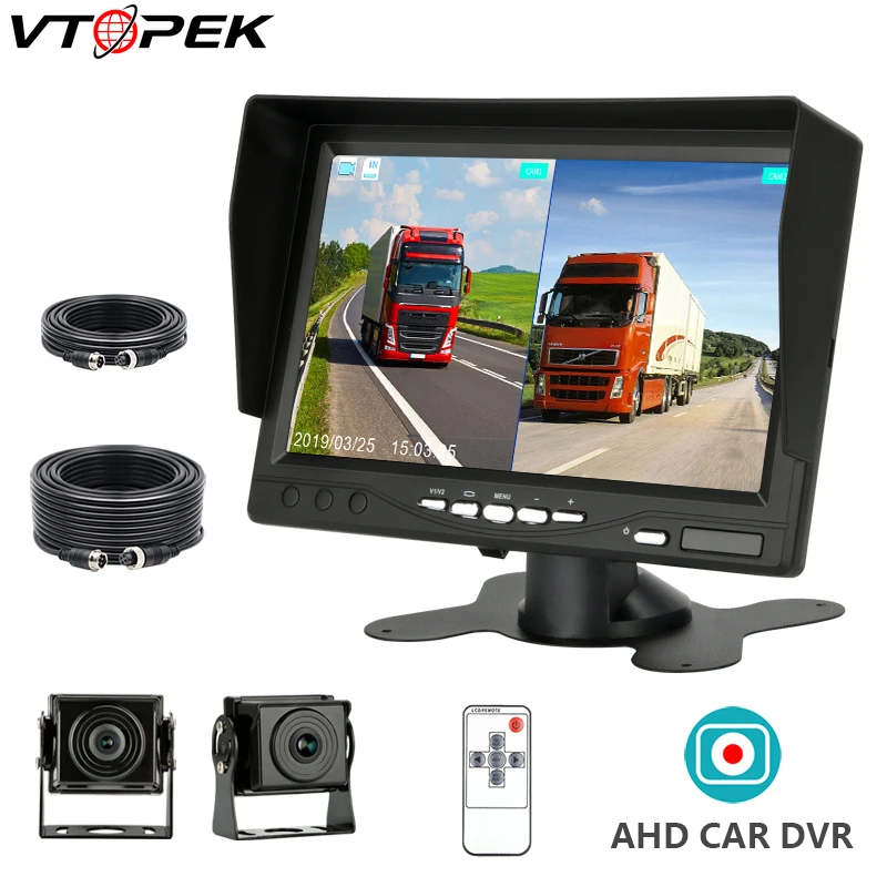 Vtopek 7inch High Definition Two Split AHD Car Monitor IPS LCD Screen 2CH with SD Recording Night Vision Sun Visor for Truck Bus |