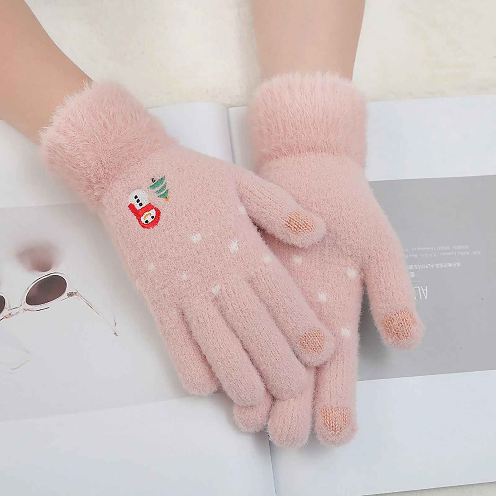 

Winter Fashion Women's Cute Print Cashmere Lovely Weave Knitted Gloves Autumn Warm Thick Snowman Print Skiing Gloves Female #T1P