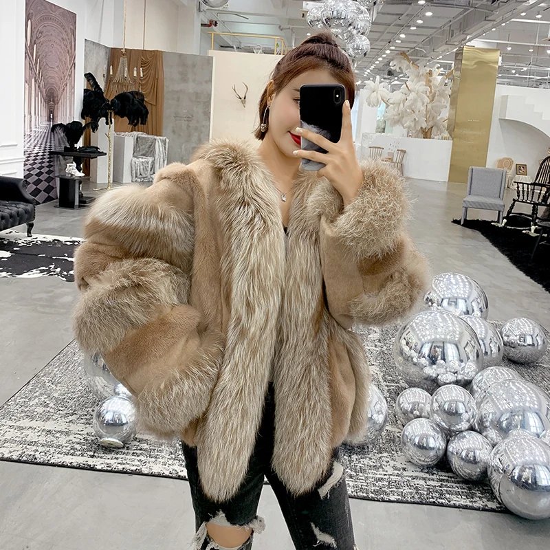 ZDFURS* женский норковый мех с лисьим мехом, пальто, зимняя женская мода jexxi высокое качество, смешанный мех норки, роскошный мех - Цвет: sand gold