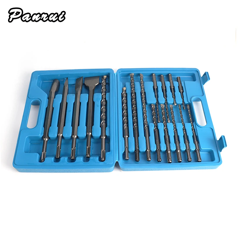 17PCS/Set Concrete Drill Bit Double SDS Plus Slot Masonry Hammer Head Tool Bits+Point Chisel+Flat Set Chisel,For Electric Dril