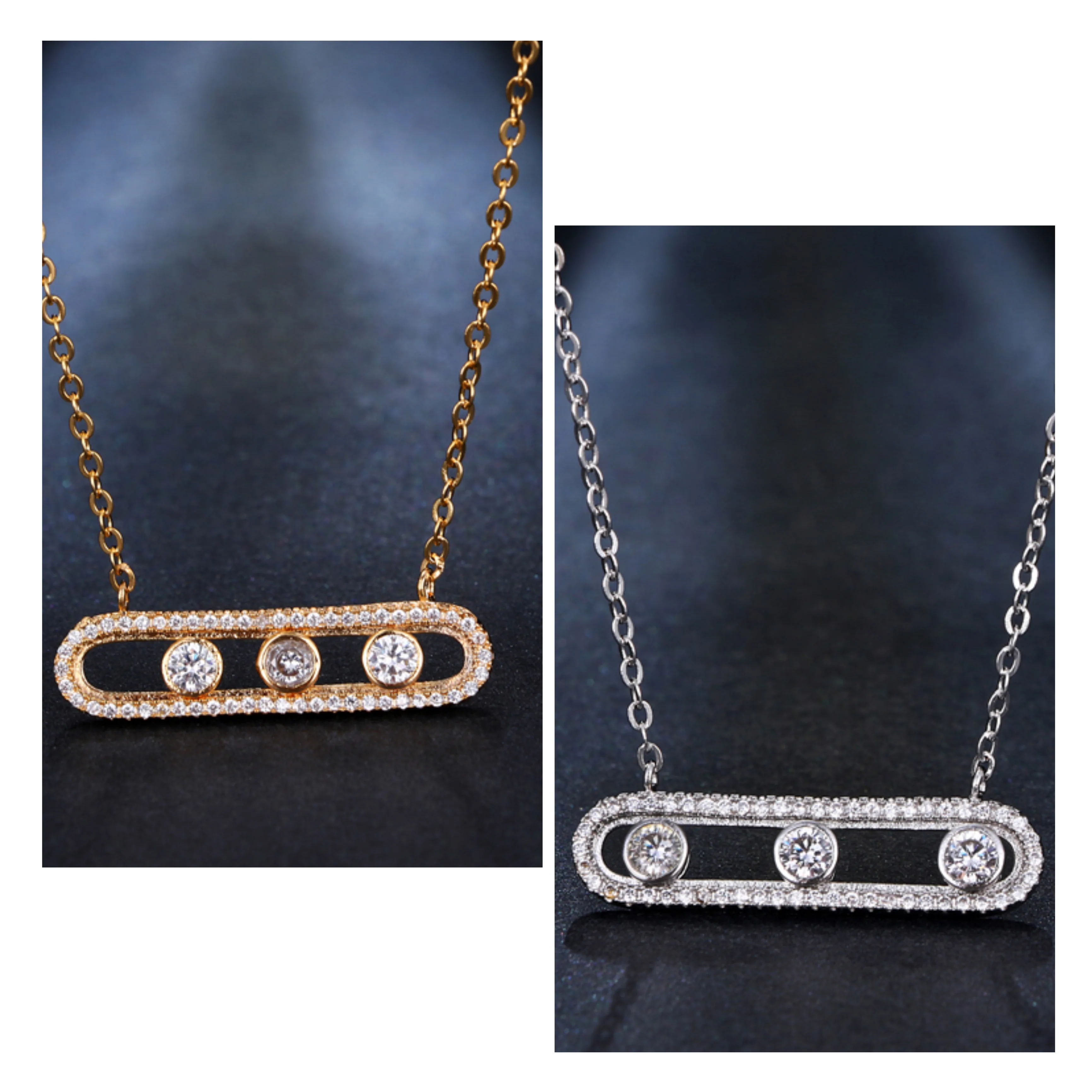 

AMC Shiny Crystal Pendant Couple Two-Color Three-Grain Necklace Fashion Zircon Rotating Clavicle Chain Jewelry for Women 2021