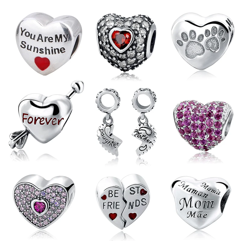 Fit DIY Charms Bracelets Authentic 925 Sterling Silver Love Hearts Shape Beads With Colours& Clear CZ Jewelry Making Gifts