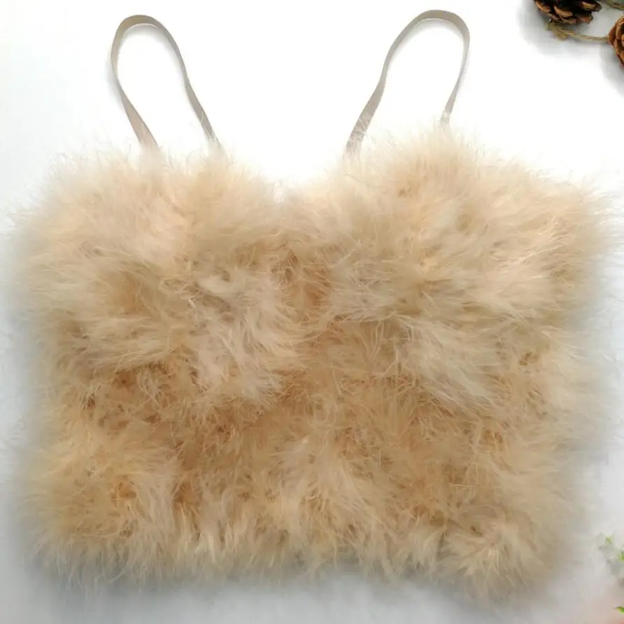 

Faux Fur Solid Pink Sexy Crop Top To Wear Out Autumn Corset Women Feather Camisole Push Up Bustier Bra Female Tank Tops Y1485