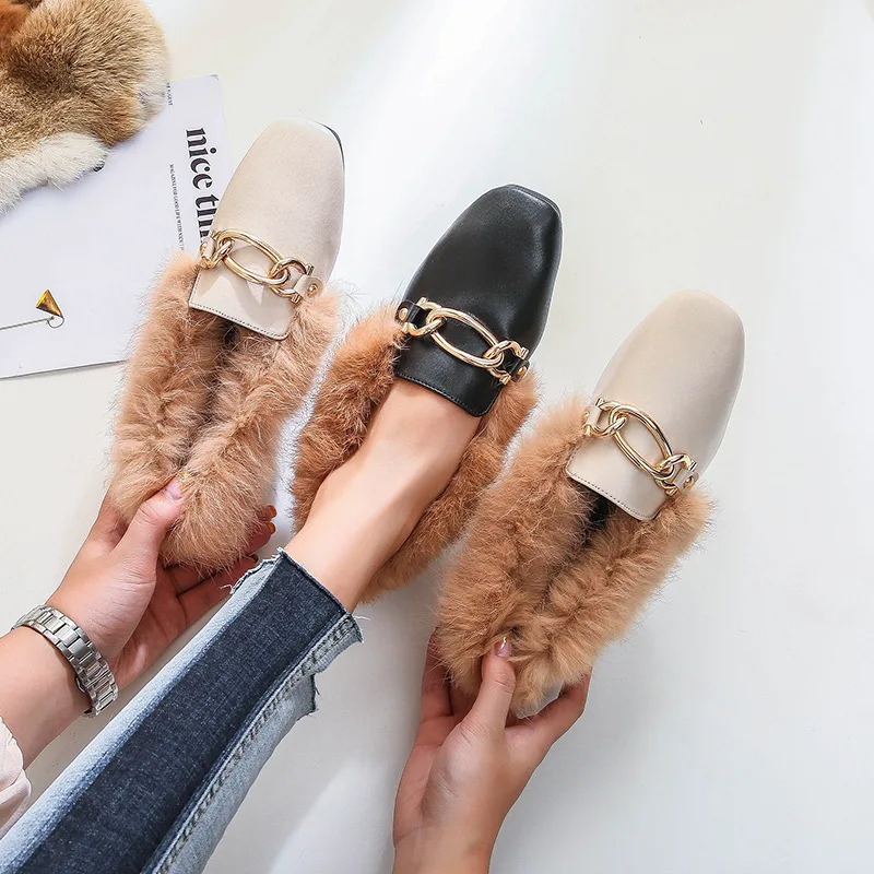 Мокасины женские из натурального кроличьего меха на плоской подошве с