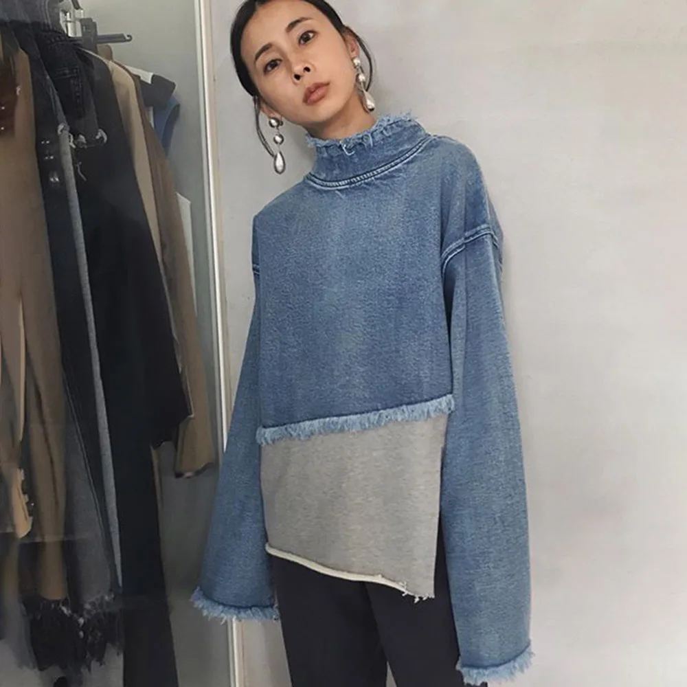 Женский джинсовый свитер с длинным рукавом свободный синий пуловер в стиле